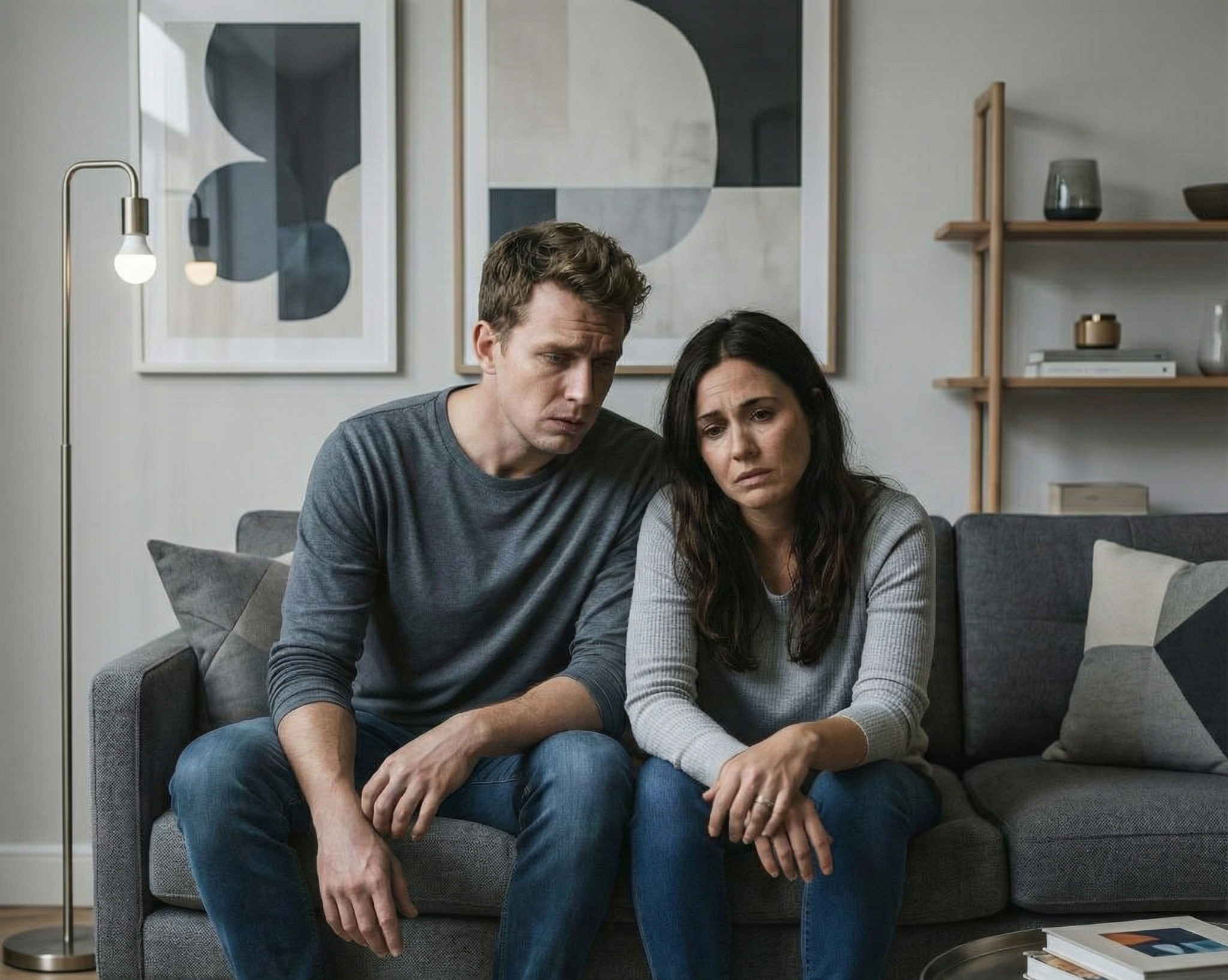 Besorgtes Elternpaar sitzt erschöpft auf dem Sofa und zeigt die Belastung durch privaten und beruflichen Druck